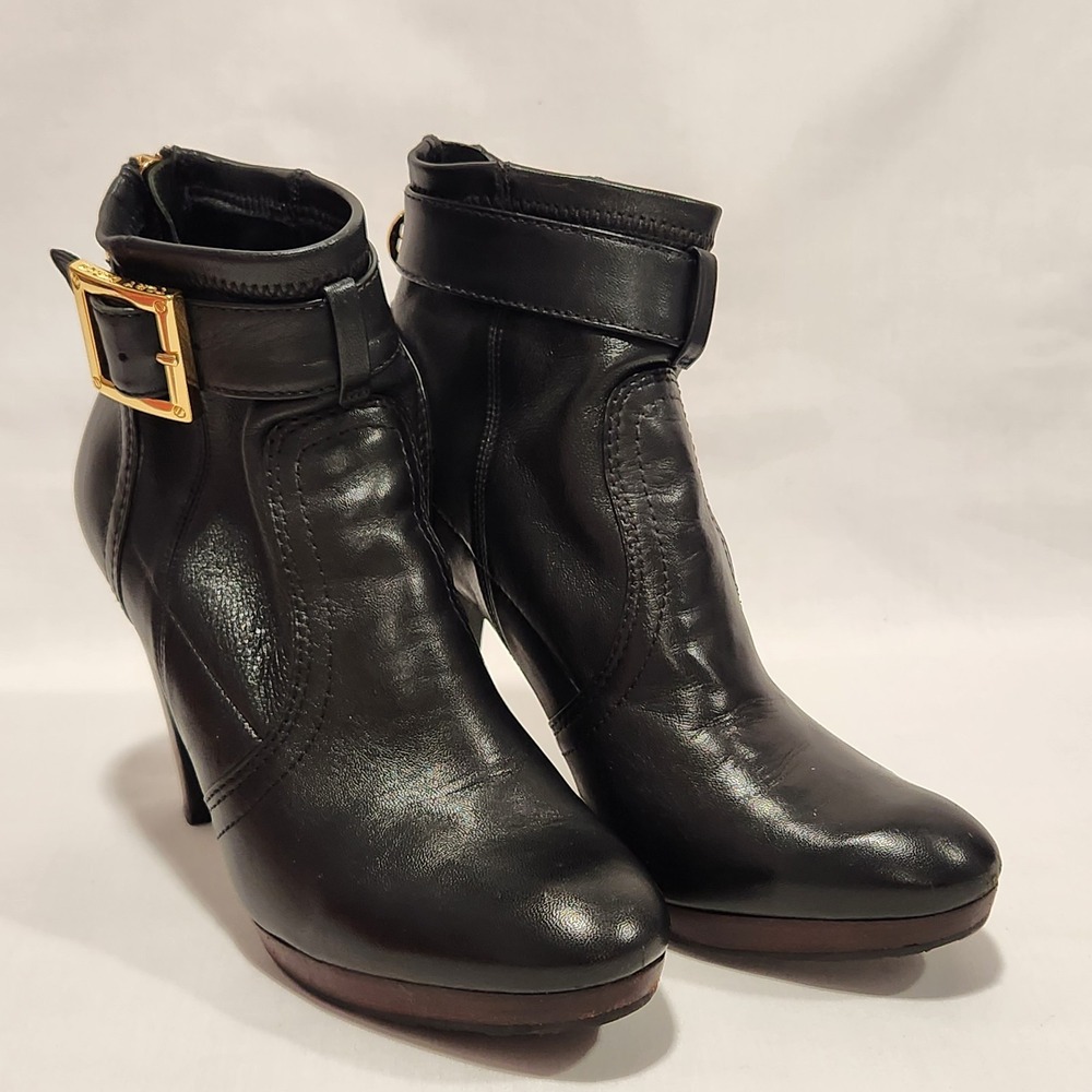 Tory Burch Melrose Ankle Boots Leather Heel Moto Black Logo Women's 7.5 Designer - Picture 10 of 16